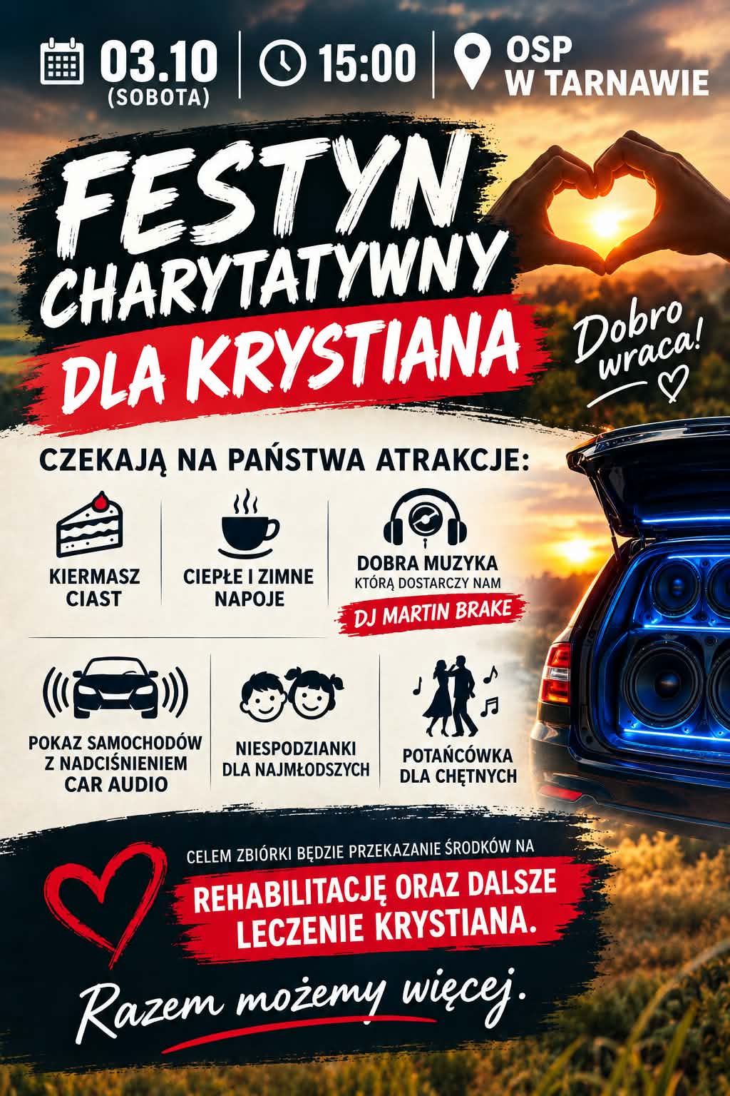 Plakat festynu charytatywnego dla Krystiana, 3 października godz 15:00, OSP w Tarnawie
